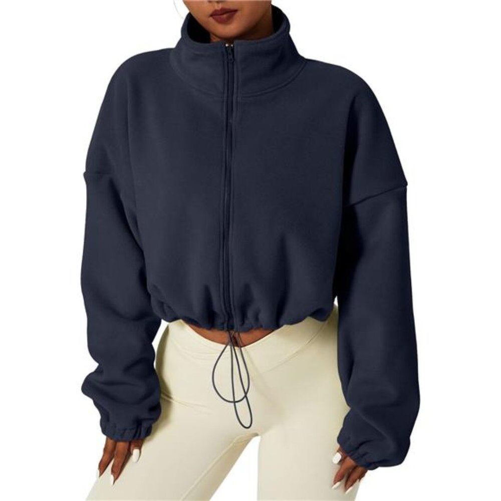 Women's Full Zip Fleece Short Jacket Warm Winter Long Sleeve Stand Collar